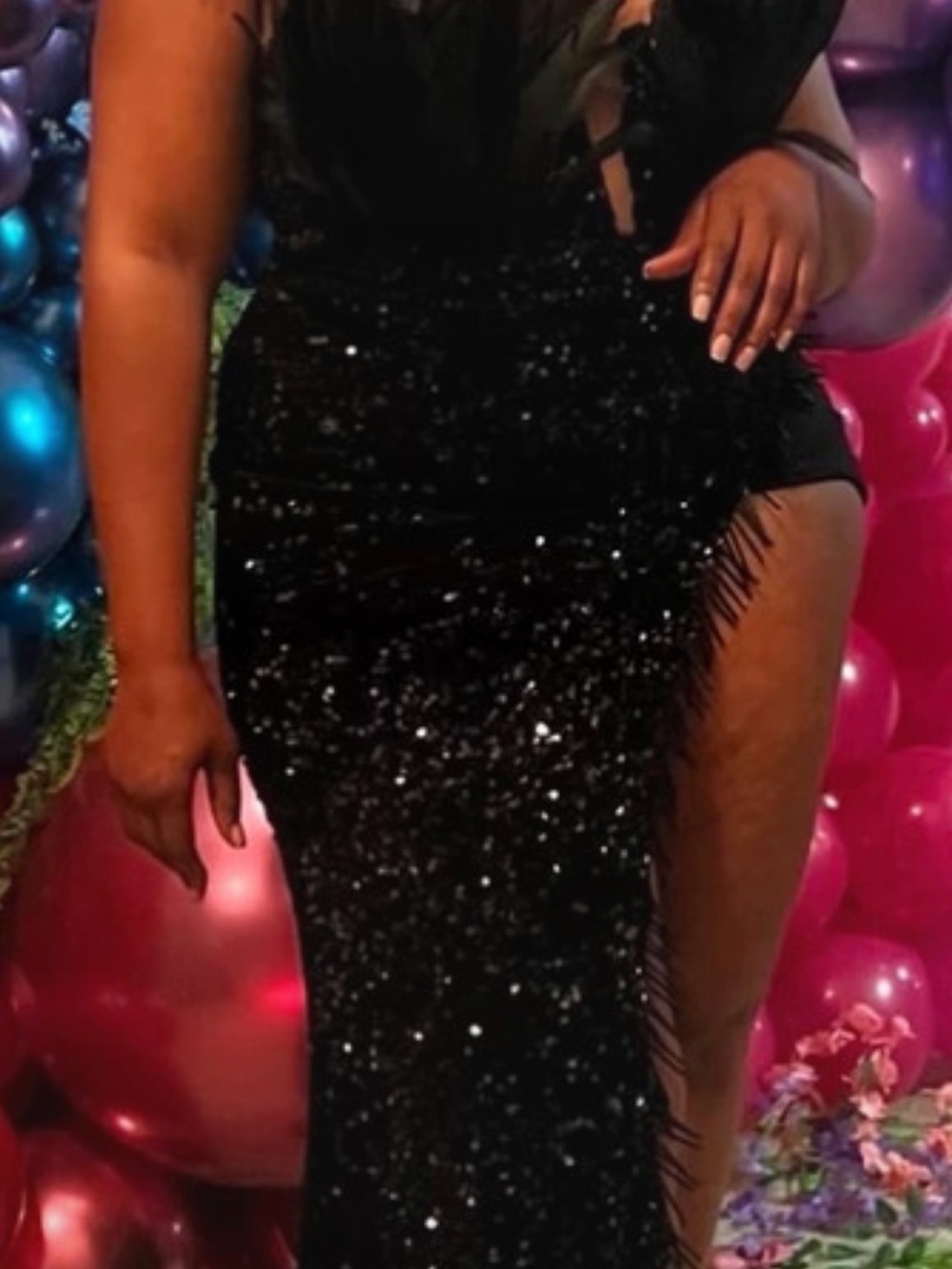 Fashion Nova Black Sequin Fringe High-Low Dress